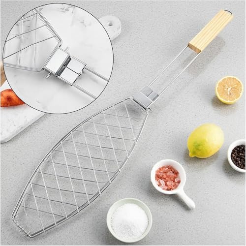 Tkxjry Fischgrillgitter aus Edelstahl, 63 * 12cm Fisch Grillhalter mit Holzgriff, Fisch Grillhalter mit Ölbürste, Fischbräter Edelstahl, Fischhalter zum Grillen, für Grillfische, Steak, Fischfilets