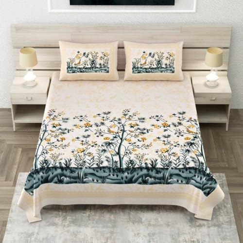 Image of 240 TC 100% Cotton Bedsheet for Double Bed King Size with 2 Pillow Covers | Breathable & Super Soft Rajasthani Sanganeri Jaipuri Printed Bed Sheet -108 * 108 Inches (Spring 1)