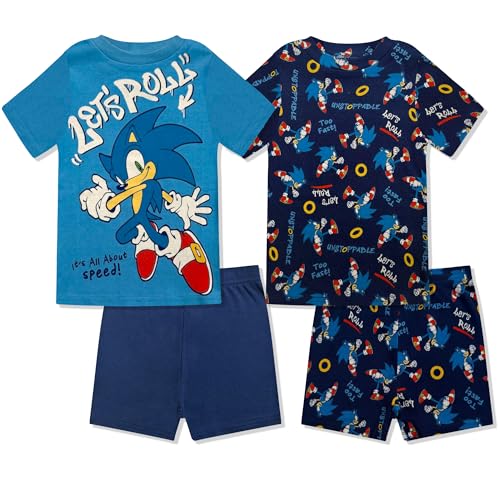 Sonic The Hedgehog Boys Pajama Set - 4 Piece Short Sleeve & Shorts Pajama Set - 100% Cotton Pjs Snug-Fit Kids Summer Pajamas