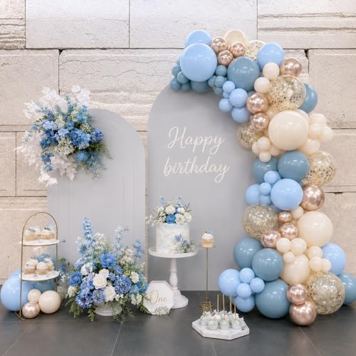 Image of Dusty Blue and Gold Balloons 50 Pcs 12 Inch | Light Blue Champagne Gold Balloons for Baby Boy Shower Bridal Engagement Birthday Wedding Bachelorette Party Decorations