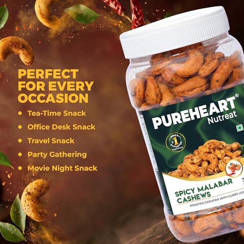 Image of Pureheart Spicy Malabar Cashews 333g | Roasted Masala Kaju with Curry Leaves | Premium Crunchy Flavored Cashew Nuts | Healthy Snack, Protein Rich Dry Fruits | Spicy Roasted Nuts Pack