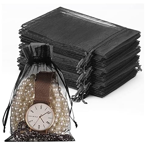 100PCS Premium Sheer Organza Bags, Black Wedding Favor Bags with Drawstring, 4x6 inches Jewelry Gift Bags for Party, Jewelry, Festival, Makeup Organza Favor Bags,net gift bags,drawstring goody bags Cover