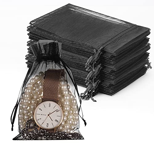 100PCS Premium Sheer Organza Bags, Black Wedding Favor Bags with Drawstring, 4x6 inches Jewelry Gift Bags for Party, Jewelry, Festival, Makeup Organza Favor Bags,net gift bags,drawstring goody bags