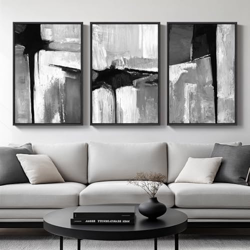 Large Framed Black and White Gray Abstract Wall Art for Living Ro...