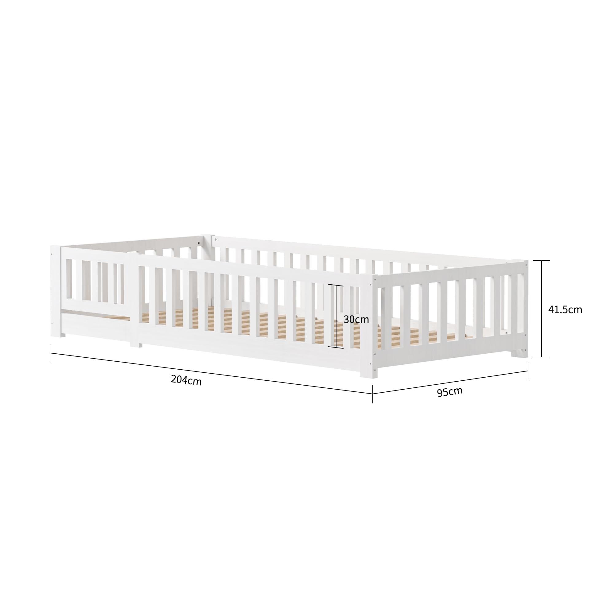 LIVLUX Lit Enfant 90x200 cm,Lit au Sol,avec Barrière de Sécurité et Sommier à Lattes,lit Montessori,Bois Massif Pin, Blanc,pour Chambre de Garçons Filles (90 x 200 cm)