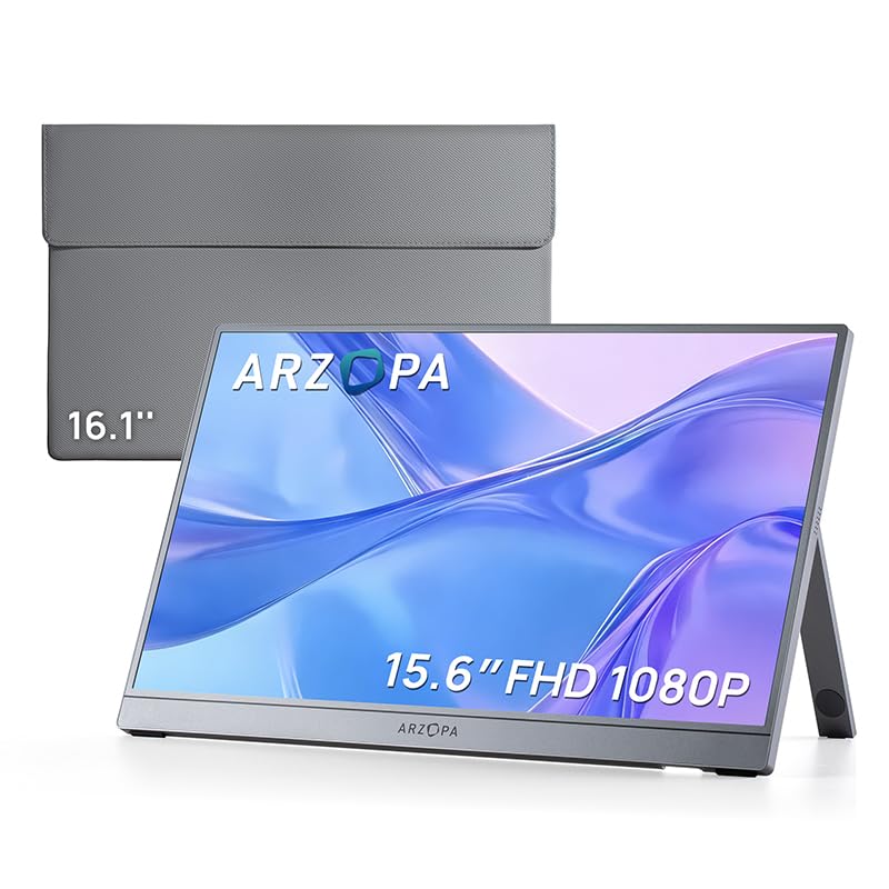 Image of ARZOPA Portable Monitor 15.6'' FHD 1080P Portable Laptop Monitor with Kickstand & PU Sleeve Bag Combination