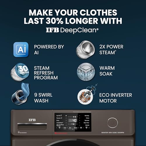 Image of IFB 8 Kg 5 Star Powered by AI with 9 Swirl Wash, WiFi, Fully Automatic Front Load Washing Machine (Senator MXN 8012, Steam Refresh Program with Eco Inverter, Mocha)