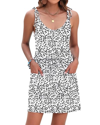 Image of AUSELILY Womens Summer Dresses Sleeveless Spaghetti Strap Beach Cover up Drawstring Waist Mini Short Dress with Pockets