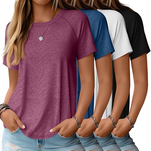 Huukeay 4 Pack Women's Short Sleeve T Shirts, Casual Raglan Summer Tunic Tops Crewneck Loose Side Split Hem Workout Tee Shirt