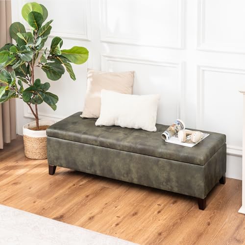 Image of Ottoman with Storage, 51 Inch End of Bed Storage Ottoman Bench, Faux Leather Upholstered Ottomans with Hinged Lid, Rectangle Long Foot Rest Bench for Living Room Bedroom Dark Green