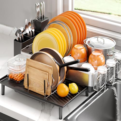 Image of Urackify Large Dish Drying Rack, 304 Stainless Steel Dish Rack for Kitchen Counter, Expandable Dish Drainer with Cutlery Holder, Multifunctional Space Saving Organizer, Black