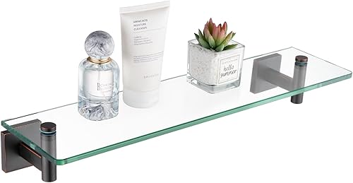 Miniatura 30 de KOKOSIRI Estantes de baño de vidrio flotante de 16 pulgadas para dormitorio, sala de estar, cocina, estante colgante pequeño a prueba de óxido Negro