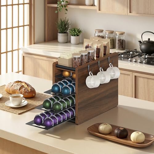 Image of YATINEY Coffee Pod Drawer Holder, 72 Pods Large Capacity, 4 Tier Holder for Vertuo, Coffee Pod Organizer for Countertop, Storage Rack for Nespresso Vertuo Pods, Space Saving, Walnut KH06BH