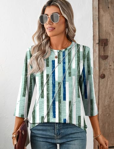LOMON 3/4 Length Sleeve Womens Tops Spring Summer Fashion 2025 Tops Crew Neck Pleated Shirts Tunic Top Loose Fit3