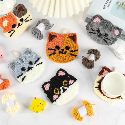 Image of Justforjoyful 6 Set Punch Needle Embroidery Coasters Craft Kits Punch Needle Refrigerator Magnets Kit Tool Threader Fabric for Christmas Winter Beginners Adults Kids DIY Handmade Gifts Party(Cat)