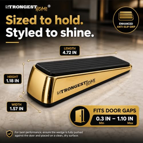 Image of STRONGEST HOME Gold Door Stoppers for Bottom of Door - Heavy Duty Metal Rubber Stopper, Non-Slip Door Stop for Heavy Doors, Works on Wood, Tile & Carpet, Wedge 2 PCs + 2 White Wall Protectors