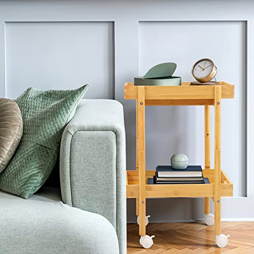 Mxbamhyc Bamboo Bar Cart, Serving Cart With Rolling Tray, Utility Cart With Wheels And Trays,2 Tier Coffee Cart Suitable For Kitchen, Living Room Outdoor Indoor, 16.6" L X 12.6" W X 28.1H #TOP1