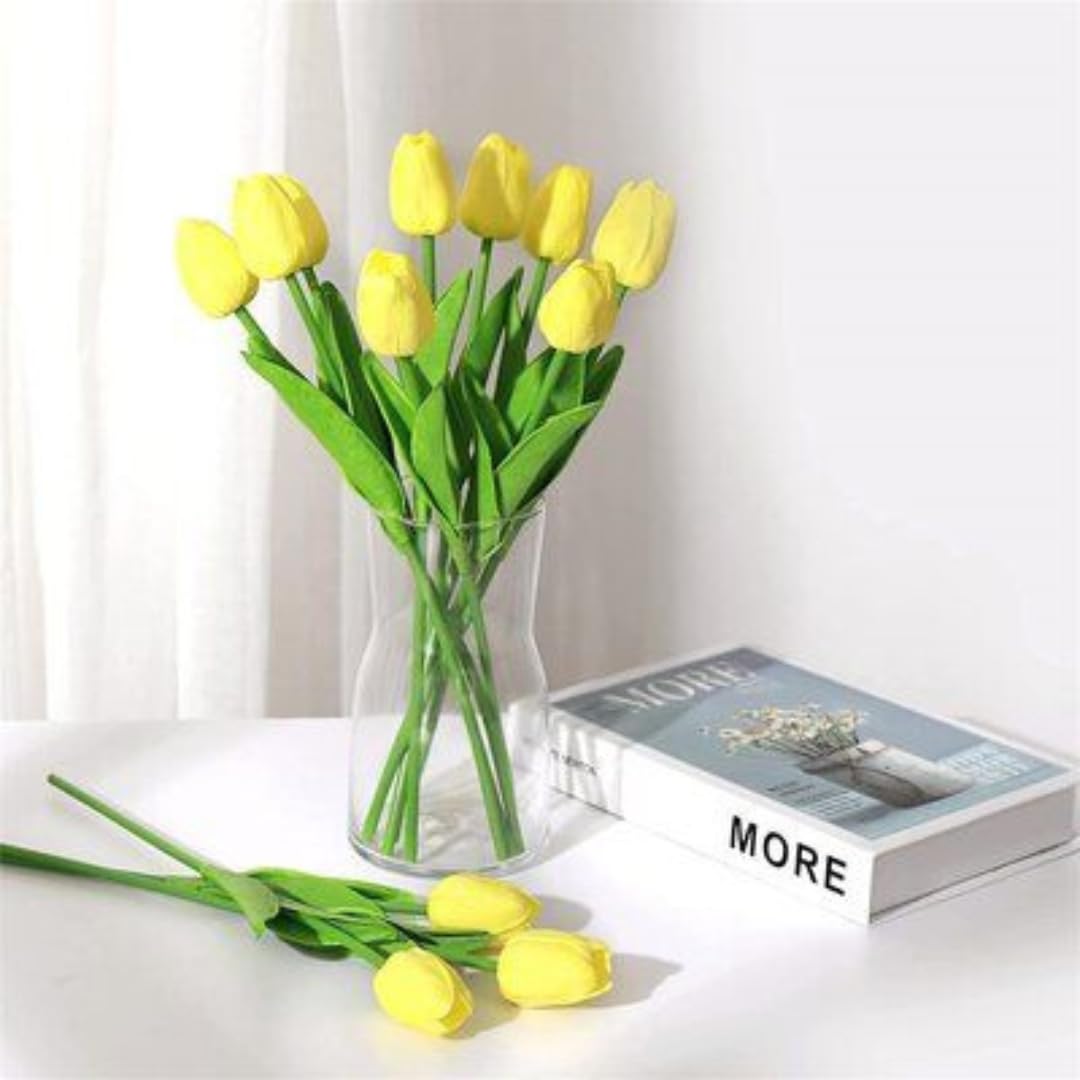 Artificial Tulip Real Touch Fake Flowers Floral Bouquet for Home Office Parties Wedding Event Decor 8 Pcs (Yellow)