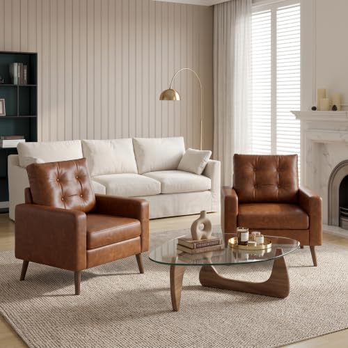 Image of HNY Set of 2 Mid Century Modern Armchair, Button Tufted Faux Leather Accent Chair with Arm, Upholstered Club Chair for Living Room, Bedroom, Rubber Wood Legs, Caramel