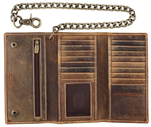 Image of F&L CLASSIC RFID Blocking Mens Tri-fold Long Style Cowhide Leather Steel Chain Wallet,buffalo wax vintage leather,212 wax brown W /white stitching