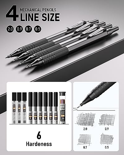 Nicpro 30PCS Black Metal Mechanical Pencils Set in Leather Case, Art Drafting Pencil 0.5, 0.7, 0.9 mm, 2mm Lead Pencil Holders for Sketching Drawing With 16 Tube (6B 4B 2B HB 2H 4H Colors)Lead Refills