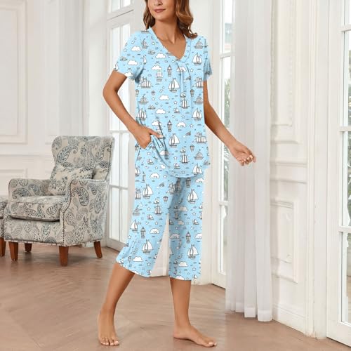 Image of Bestbee Women's Pajama Sets 2 Piece Lounge Outfits Summer Sleepwear V Neck Short Sleeve Capri Pant With Pockets Ladies Pjs