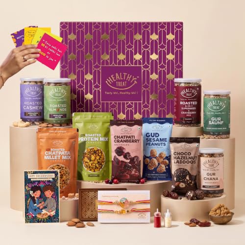 Image of Healthy Treat Magic Box Rakhi Hamper for Brother with Dry Fruits, 18 Items | Rakhi Pair, Roli Chawal, Almonds, Cashews, Seed Mix, Gud Chana, Gud Saunf, Sesame Peanut, Chocolate Laddoo, Raksha Bandhan