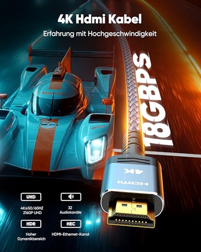 3. Bild von SNOWKIDS 4K HDMI Kabel 2Meter,HDMI-Kabel 4K@60Hz Nylon Geflecht Vergoldete Anschlüsse mit Ethernet/Audio Rückkanal, Kompatibel mit HDTV/Laptop/Blu-ray/Soundbar/Monitor/PS-5/X-box 2m