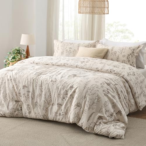 Image of Bedsure Full Comforter Set - Natural Bed Set, 3 Pieces Cute Floral Bedding, 1 Soft Botanical Flowers Comforter and 2 Pillow Shams