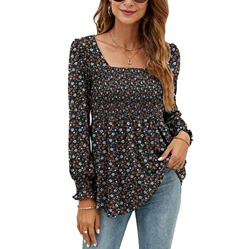 LOMON Blouses for Women Puff Long Sleeve Shirts Square Neck Casual Smocked Tunic Tops 2024 Spring Fall Winter Clothes S-XL Black & Orange Floral Long Sleeve Shirts Medium