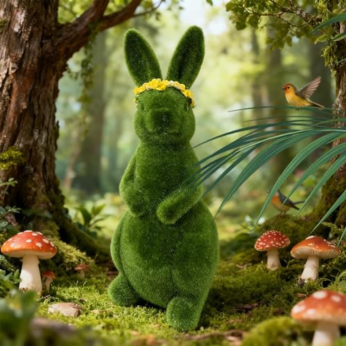Lapin de Pâques en résine et mousse verte pour décoration de table et jardin