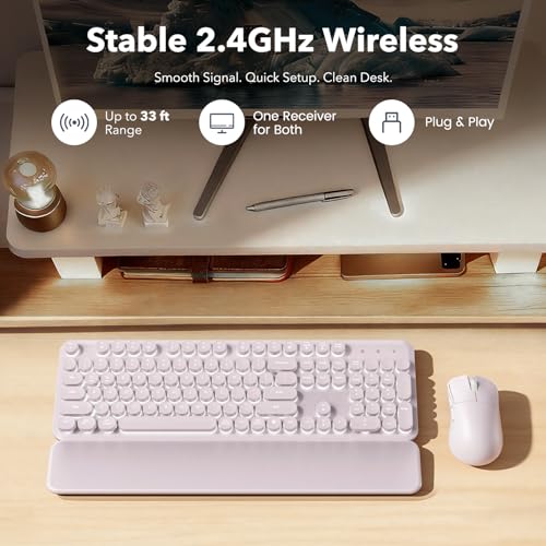 Image of Wireless Keyboard and Mouse Combo, Backlit Round Keycaps, Retro Typewriter Keyboard with Magnetic Wrist Rest, USB-C Rechargeable & Tilt Legs, 2.4GHz Cordless for Mac Windows PC (Glowing Pastel Purple)