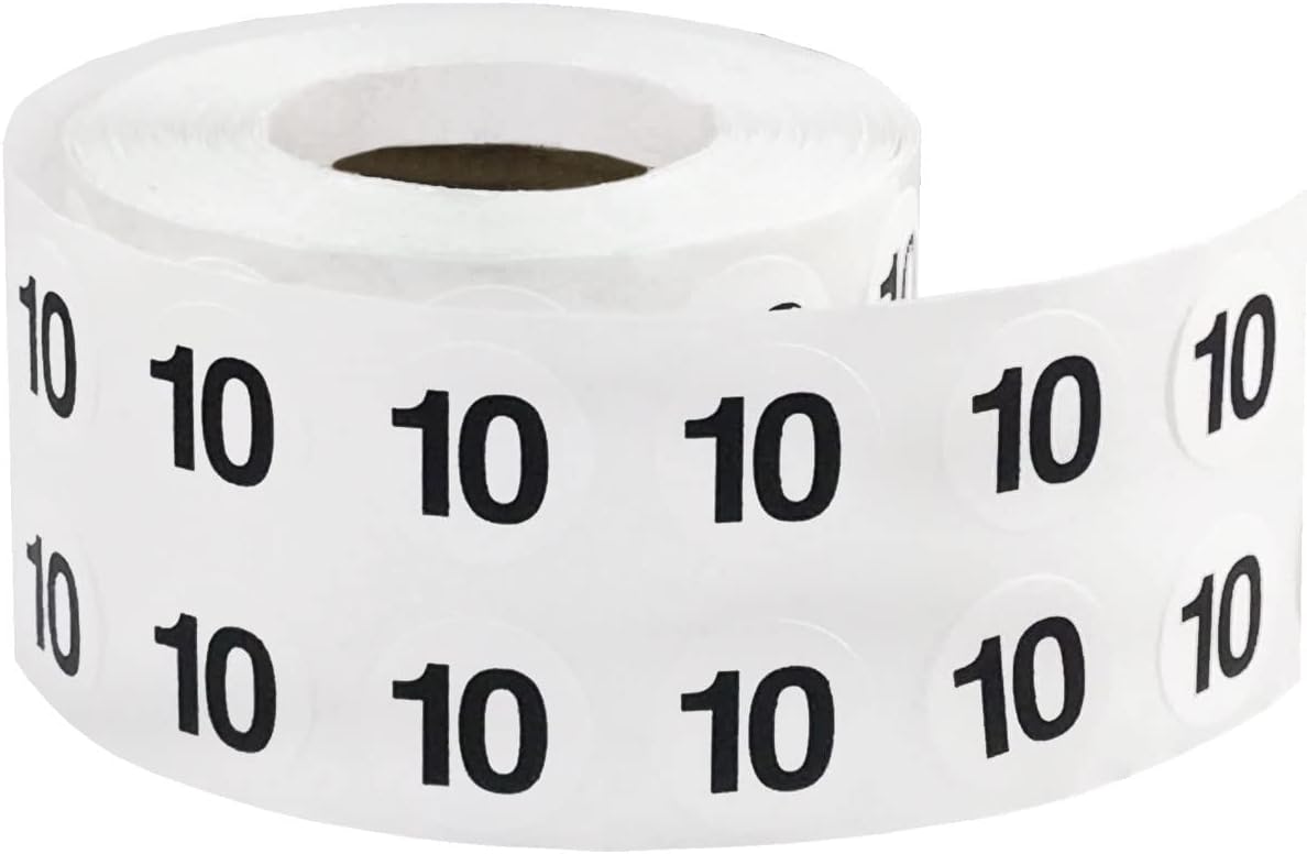 1/2" Inch Number 10 Stickers, Semi-Gloss White Round Labels with Black Text, 1000 Labels on a Roll, Perfect for Home Organization and Office Management, Permanent Adhesive