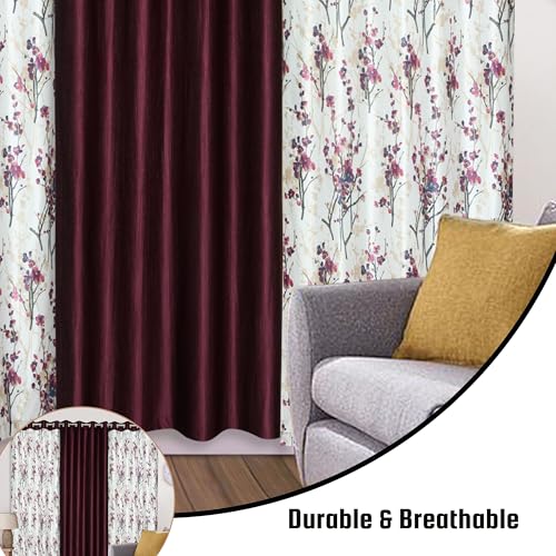 Image of 6 Feet Polyester Floral Light Filtering Window Curtains for Living Room, Bedroom & Dining Room, Eyelet Top, Wine Printed and Solid Plain Curtain Set of 3