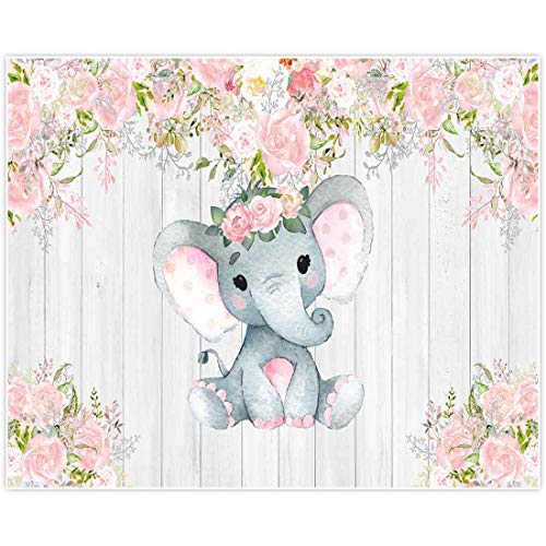 Allenjoy 10x8ft Rustic White Wood Elephant Backdrop Supplies for Baby Shower Pink Floral Its a Girl Newborn Kids Birthday