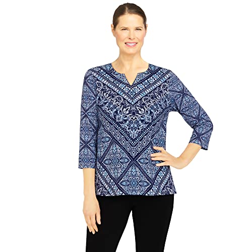 Haut en maille chevron femme bleu marine taille PL imprimé médaillon