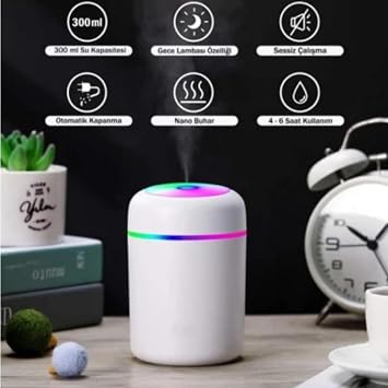 Hava Nemlendirici Ortam Nemlendirici Işıklı Hava Nemlendirici Makinesi ve Aroma Difüzörü H2O(BEYAZ, GRİ, PEMBE Karışık)