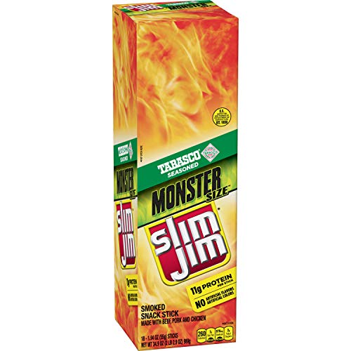 Slim Jim Monster Smoked Meat Sticks, Tabasco, Packed with Protein, 1.94 Oz. Sticks, 18 Count