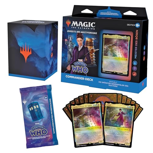 Magic: The Gathering Doctor Who Commander-Deck – Die Meister des Bösen (Deck mit 100 Karten, Sammler-Booster-Probepackung mit 2 Karten + Zubehör) (Deutsche Version)