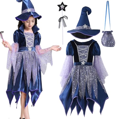 Disfarce Halloween menina bruxa, vestido de lantejoulas, fantasia de bruxa menina com vestidos de veludo, chapéu, varinha e saco, cosplay fato de Halloween para meninas 4-14 anos carnaval performances