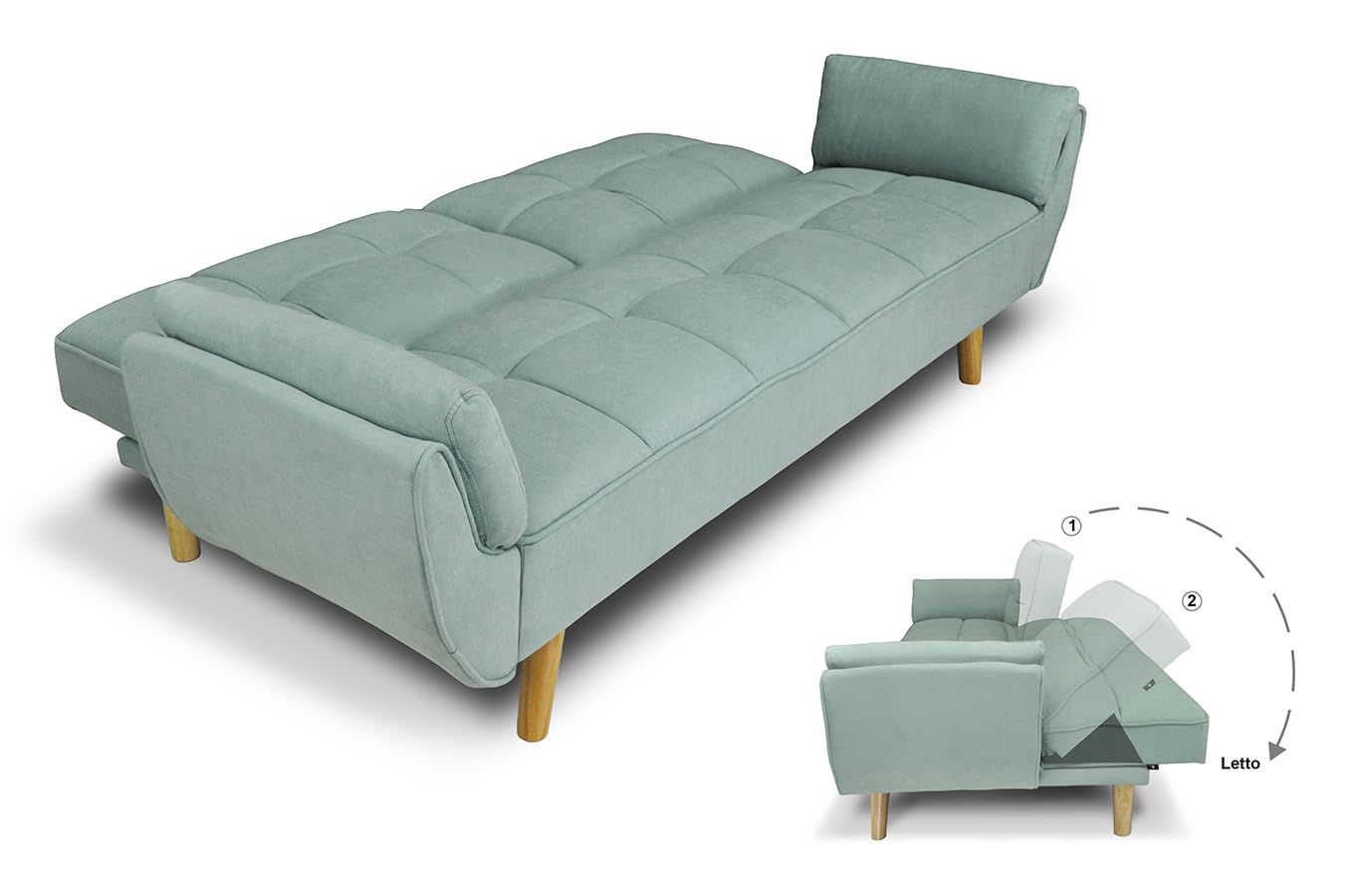 SAMIRA Divano Letto clic clac in Tessuto Verde Tiffany - Divano 3 posti mod. Ambra piede legno naturale