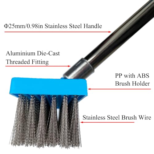 BE-TOOL Stainless Steel Deck Brushe Heavy Duty Bristle Broom Floor Scrubber for Cleaning Moss, Garage, Patio, Garden, Outdoor(L with Handle)