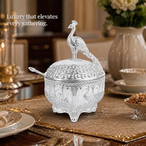 Image of Diviniti Luxury German Silver Peacock Sugar Bowl with Spoon & Gift Box | Royal Decorative Dry Fruit & Mishri Container | Premium Serving Bowl for Dining, Wedding & Festive Gift (16 cm) (Silver)