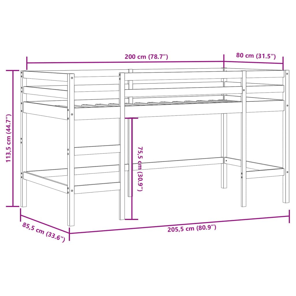 Lit Mezzanine Enfants en Bois de pin Massif avec Rideaux Bleu 80x200 cm, Structure Stable, Espace Rangement optimisé, échelle sécurisée pour Chambre Enfant ado garçon Fille