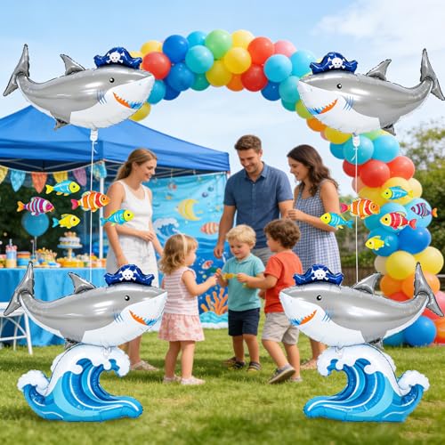 Image of Sea Animal Baby Shark Balloons,4pcs Ocean Themed Balloon Party Decoration,Large Shark Balloons 35 Inch Mylar Balloons,Ocean Balloon Birthday Party Decorations Baby Shower