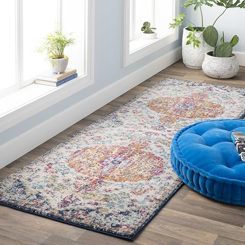 Surya Asmara Vintage Alfombra de Pasillo, salón, Pasillo, Cocina, Alfombra Tradicional Multicolor Bohemia, fácil Cuidado, Alfombra Grande, 80 x 220 cm, Azul y Naranja