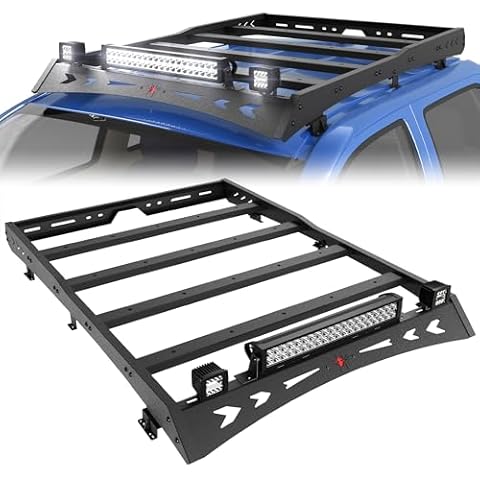 POFENZE Top Roof Rack for Tacoma Cargo Carrier with 2x18W LED Lights and 144W Light Bar Textured Black Roof Luggage Storage fit for Toyota Tacoma 2005-2023 Cover