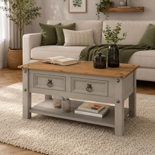 Image of Corona Grey Wax Coffee Table with 2 Drawers & Shelf