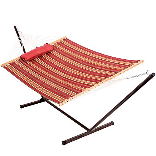 Image of Lazy Daze Hammocks 2 Person Hammock with 12FT Stand for Outside, Quilted Double Hammock with Detachable Pillow, Balance Strap & Carrying Bag Included, 450lbs Capacity, Red Stripes