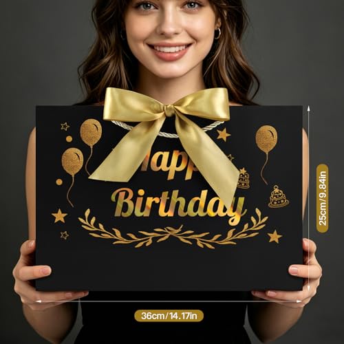 Image of JMANNI Black Gold Happy Birthday Gift Bag with Card and Tissue Paper, 14.2 inchx9.84 inchx4.3 inch Large Present Bag for Men Women, Year Old Birthday Keepsake Party Supplies